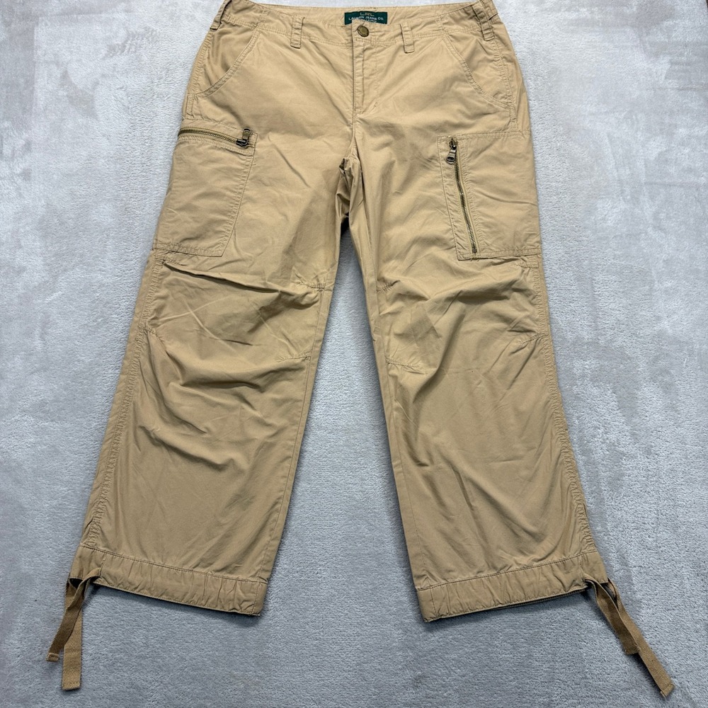 LRL Ralph Lauren Pants Women's 8 Cargo Capri Tan Zip Pockets Drawstring Ankles‎